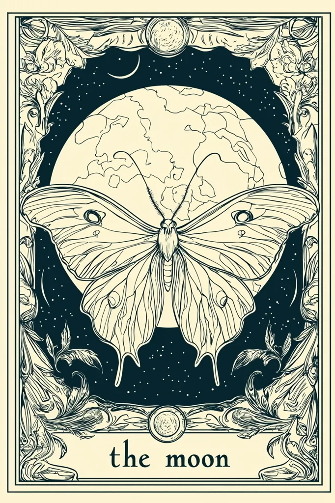 A stylized illustration of the "The Moon" card from a tarot deck.  A large moth is centrally positioned against a backdrop of a crescent moon and earth. The design is framed by ornate, Art Nouveau-inspired flourishes and features a cream and dark blue color palette.  The image is detailed and evocative of mystical imagery.