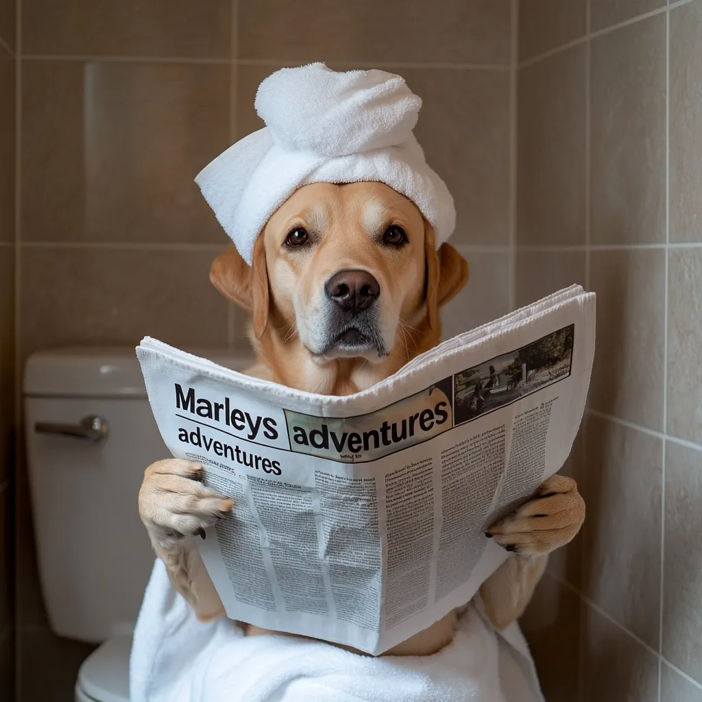 A golden retriever sits on a toilet, wrapped in a white towel on its head and body.  The dog holds a newspaper titled "Marley's adventures" and appears to be reading it intently. The scene is set in a tiled bathroom. The overall impression is humorous and whimsical.