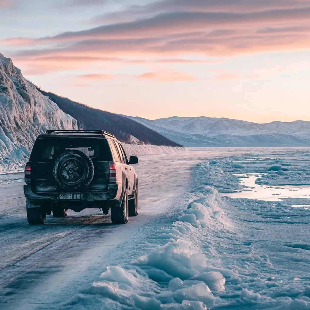 A dark-colored SUV drives along a snow-covered road beside a frozen lake.  The road is flanked by a ridge of ice and snow.  Mountains rise in the background under a soft, pastel sunset sky. The scene is serene and peaceful, showcasing a remote, winter landscape. The vehicle appears to be traveling towards the distant mountains and a calm body of water.