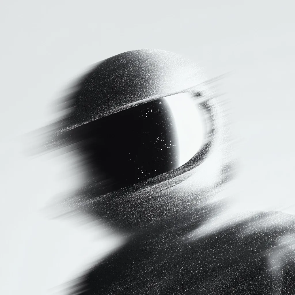 A monochrome image depicts a blurred astronaut, seemingly moving at high speed.  The astronaut's helmet reflects a dark, starry expanse.  The motion blur creates a sense of dynamism and vastness, emphasizing the speed and scale of space travel. The grainy texture adds a layer of depth and mystery to the scene.