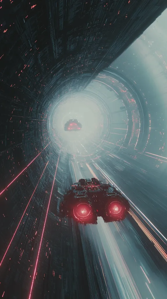 Two dark, sleek spaceships with glowing red engines travel through a cylindrical, futuristic tunnel.  The tunnel walls are intricate and dark, with streaks of red light.  A hazy, bright light is visible at the far end of the tunnel, creating a sense of depth and movement.  The overall aesthetic is dark, futuristic, and slightly ominous.