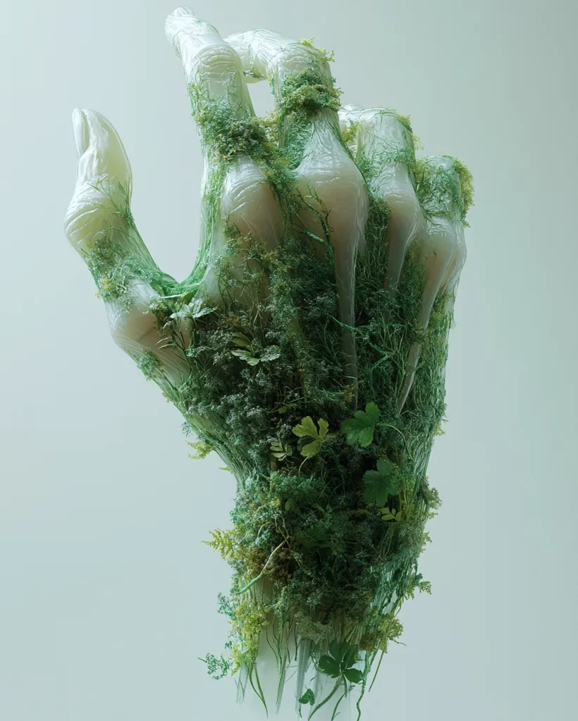 A translucent hand sculpture is completely enveloped in lush green vegetation.  The delicate plants, including ferns and leafy sprigs, intertwine with the skeletal form of the hand, creating a surreal and captivating image that blends nature and human anatomy.  The pale hand contrasts beautifully with the vibrant green, suggesting a theme of rebirth or the power of nature.