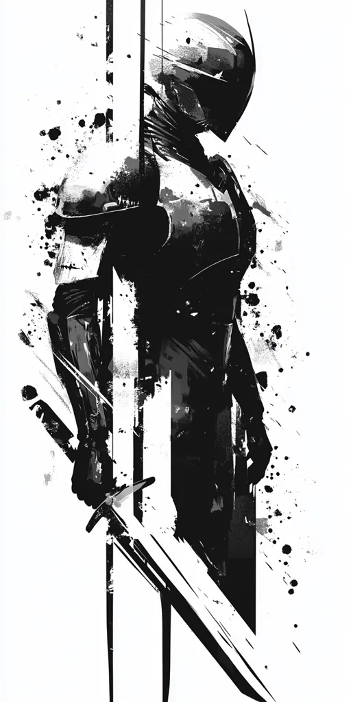 A monochrome illustration depicts a stylized warrior, clad in futuristic armor, holding a long sword.  The figure is rendered in bold strokes of black and grey ink, against a white background splashed with black paint splatters. The artistic style is expressive and dynamic, emphasizing movement and a sense of power.  The overall effect is dramatic and visually striking.