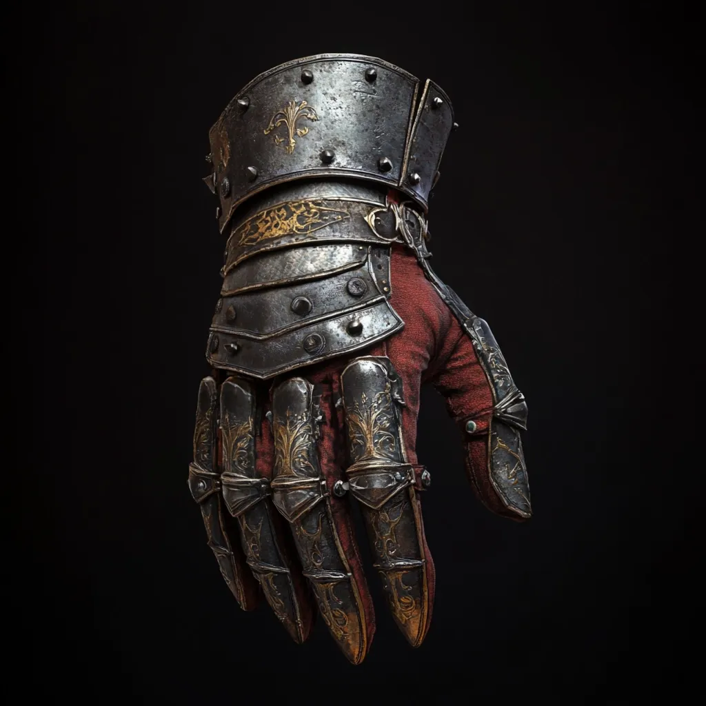 A meticulously detailed image showcases a medieval knight's gauntlet.  The gauntlet is crafted from dark metal, adorned with intricate gold detailing and fleur-de-lis motifs.  A burgundy lining peeks from beneath the plates. The metal shows signs of wear and age, adding to its authentic appearance against a stark black background.  The craftsmanship is evident in the articulation and fine ornamentation of this formidable piece of protective armor.