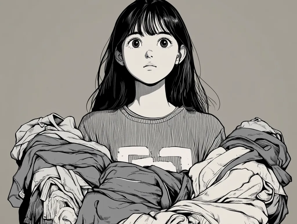 A grayscale illustration depicts a young woman with long, straight hair, gazing upward with a pensive expression. She's holding a large pile of folded clothes, her arms enveloped by the fabric. The style is reminiscent of manga or graphic novels, with detailed linework and shading emphasizing texture and emotion. The overall mood is contemplative and slightly melancholic.