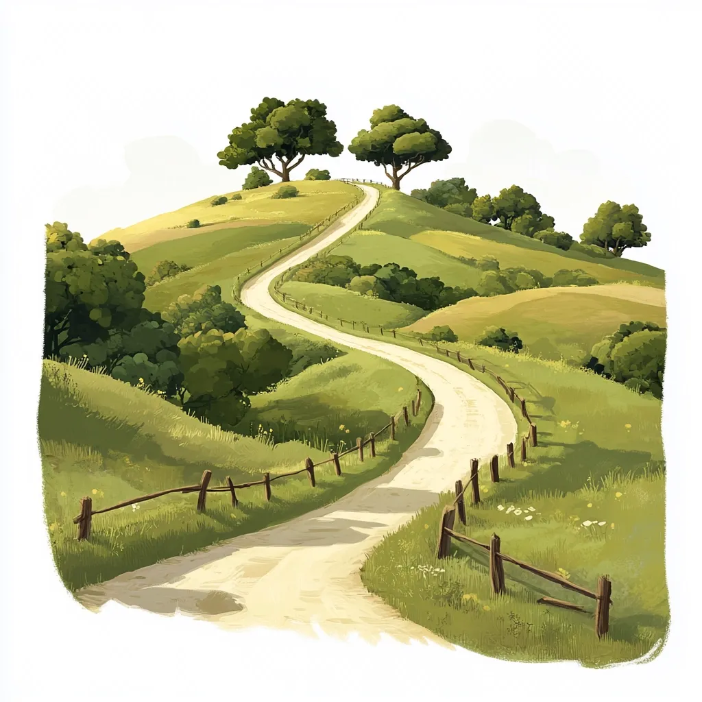 A winding dirt road snakes through a picturesque, idyllic landscape.  Rolling green hills, dotted with lush trees and bordered by simple wooden fences, create a tranquil scene.  Two prominent trees stand atop a rise, overlooking the path that meanders gently downwards. Sunlight casts soft shadows, enhancing the peaceful, pastoral atmosphere.