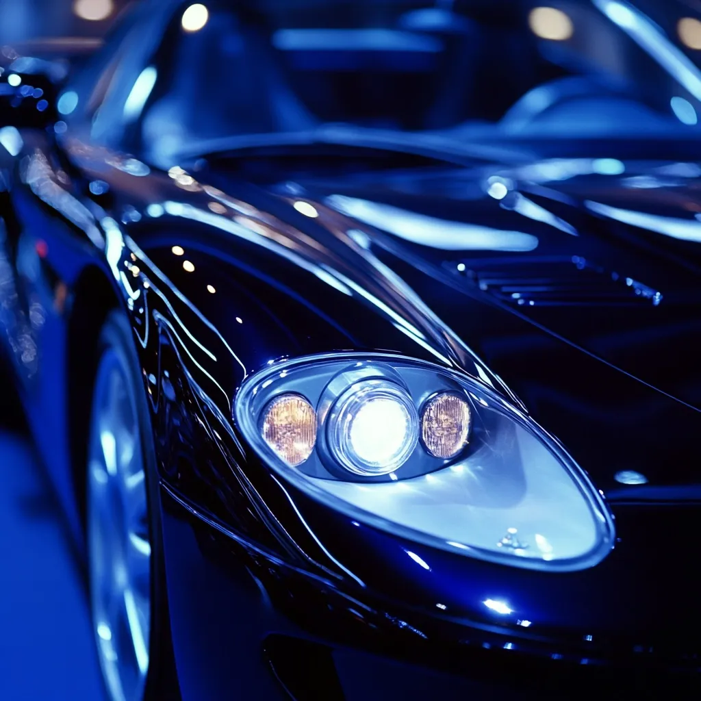 A close-up shot reveals the sleek, dark blue front end of a sports car.  The highly polished paint reflects ambient light, creating dramatic highlights.  The car's headlight is prominently featured, its bright, illuminated beams contrasting against the deep blue hue of the vehicle. The overall impression is one of luxury and power.