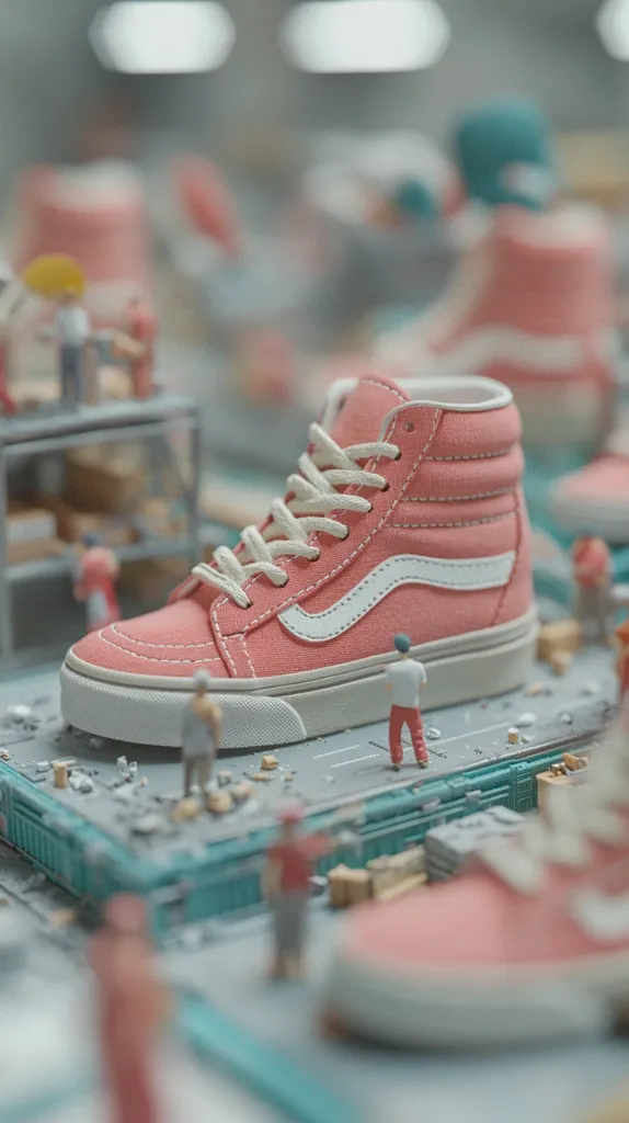 A diorama showcases a coral-pink Vans Sk8-Hi shoe, prominently displayed.  Tiny figures, resembling construction workers, surround the shoe, which rests on a miniature cityscape. The background is blurred, hinting at a factory or workshop setting.  The overall scene creates a playful juxtaposition of scale and context.