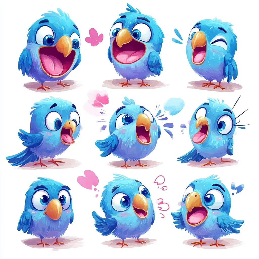 Nine adorable cartoon blue birds showcase a variety of expressions.  From joyful exuberance and wide-eyed wonder to playful winks and shy glances, each bird conveys a different emotion.  Their fluffy textures and bright eyes add to their charming appeal, making them perfect for use as stickers or emoticons.
