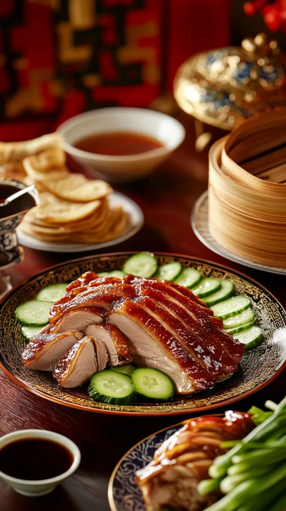 A beautifully plated Peking duck takes center stage, its glistening, lacquered skin and tender meat sliced and arranged on a decorative plate.  Garnished with fresh cucumber slices, it's presented alongside a small bowl of dipping sauce and other traditional Chinese dishes, including fried pastries and a bamboo steamer, suggesting a luxurious and authentic dining experience. The rich, dark wood table and ornate background add to the ambiance.