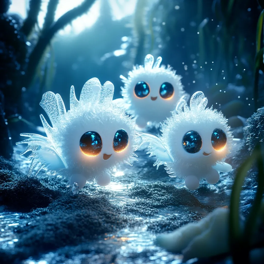 Three adorable, fluffy creatures, resembling ice sprites, frolic in a mystical, dimly lit forest.  Their bodies are white and frosted, with large, expressive blue eyes that glow warmly.  Delicate, icy wings sprout from their backs as they traverse a dark, glistening stream. The scene is magical and enchanting, evocative of a winter wonderland.