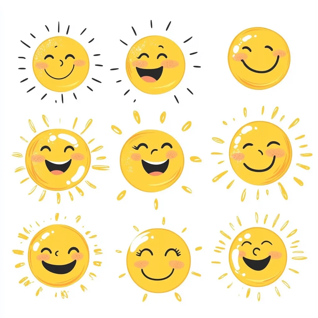 Nine cheerful cartoon suns are depicted, each with varying expressions.  Some suns are smiling broadly, while others have closed eyes and rosy cheeks.  The suns have simple, hand-drawn style rays, adding to their playful character. They are all yellow with textured surfaces and represent different happy moods.