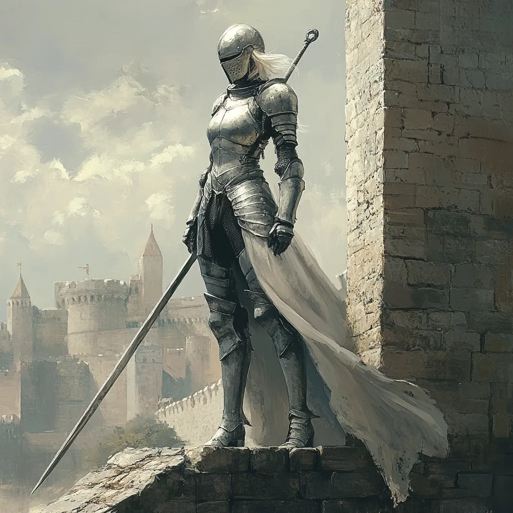 A female knight in shining silver armor stands on a weathered stone wall, a long lance resting beside her.  She wears a flowing white cloak billowing gently in the wind. A medieval castle stands in the background under a muted sky, providing a dramatic backdrop to this solitary figure. The image evokes a sense of strength, solitude, and perhaps, quiet vigilance.