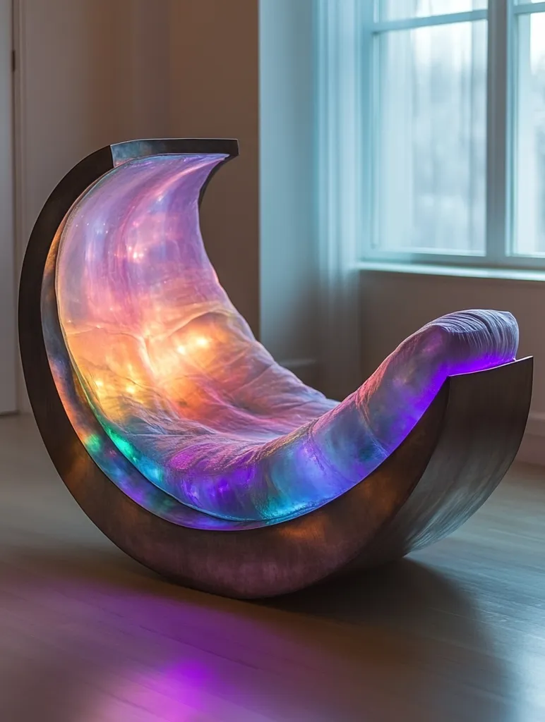 A crescent-shaped rocking chair, crafted from dark metal, encloses a translucent, fabric-like inner lining.  Embedded LED lights illuminate the interior with a vibrant, multicolored glow, creating a calming and ethereal ambiance. The chair's unique design blends modern aesthetics with a comfortable, almost cocoon-like seating experience.  It sits on a light wood floor, near a window, creating a serene setting.