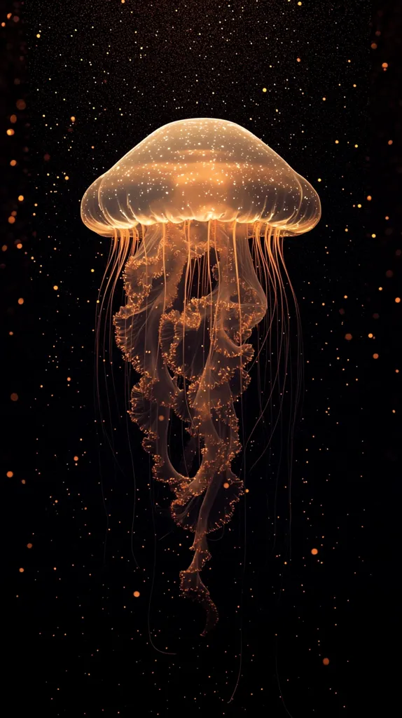 A jellyfish, translucent and amber-hued, floats gracefully against a dark background speckled with tiny, golden lights.  Its bell is rounded, and long, delicate tentacles trail downwards, adorned with intricate, ruffled details. The overall effect is ethereal and captivating, resembling a celestial being drifting through space.