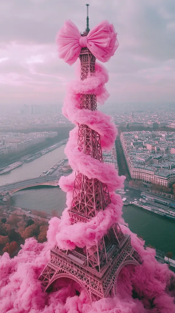 The Eiffel Tower is dramatically adorned with a giant pink bow and enveloped in a swirling cloud of pink smoke.  The image is an artistic rendering, showcasing the tower against a backdrop of Paris' cityscape and a calm river.  The pink hues create a dreamy, whimsical atmosphere.