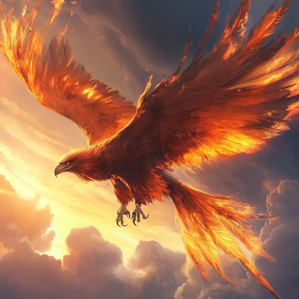 A majestic phoenix soars through a vibrant sunset sky. Its wings, ablaze with fiery orange and gold, are immense and powerful.  The creature's body is a rich, dark orange, contrasting beautifully with the fiery plumage. Sharp talons are visible, and its gaze is intense. The clouds below are a mix of golds and oranges, reflecting the phoenix's radiant beauty.  The image evokes a sense of mythical power and ethereal grace.