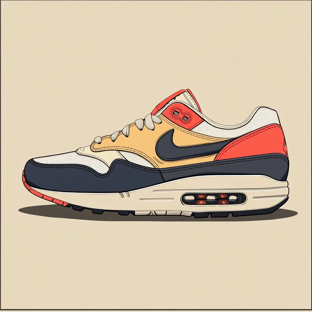 A detailed illustration showcases a Nike Air Max 1 sneaker.  The shoe features a cream upper, accented with mustard yellow and coral red panels.  A dark navy blue mudguard and swoosh complete the design.  The clean lines and muted color palette create a retro aesthetic, presented against a beige background.  The image is a stylish depiction of a classic sneaker design.