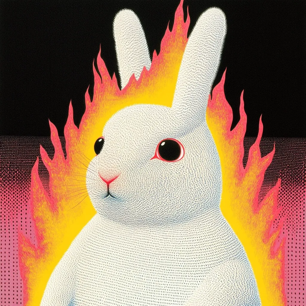 A stylized illustration depicts a white rabbit engulfed in vibrant, stylized flames of yellow and pink.  The rabbit's fur is meticulously rendered with tiny dots, creating a textured appearance. The flames contrast sharply with the rabbit's calm expression, suggesting a juxtaposition of serenity and intensity. The background features a dark, speckled gradient.