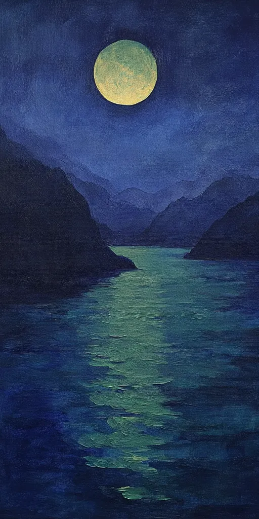 A serene nighttime landscape painting depicts a large, pale yellow moon hanging in a deep blue sky above a tranquil body of water nestled between dark, mountainous silhouettes. The moon's reflection shimmers on the water's surface, creating a path of light that contrasts with the dark, shadowy mountains. The overall mood is peaceful and contemplative, emphasizing the quiet beauty of the natural world at night.