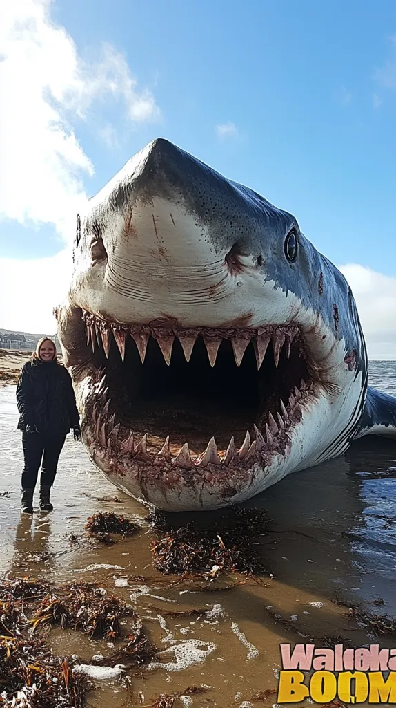 A woman stands beside a massive, realistic great white shark prop on a beach. The shark's mouth is agape, revealing rows of sharp teeth.  The scene is outdoors, with a bright sky and ocean in the background. Seaweed is scattered on the wet sand. The image appears to be a behind-the-scenes shot from a film production.