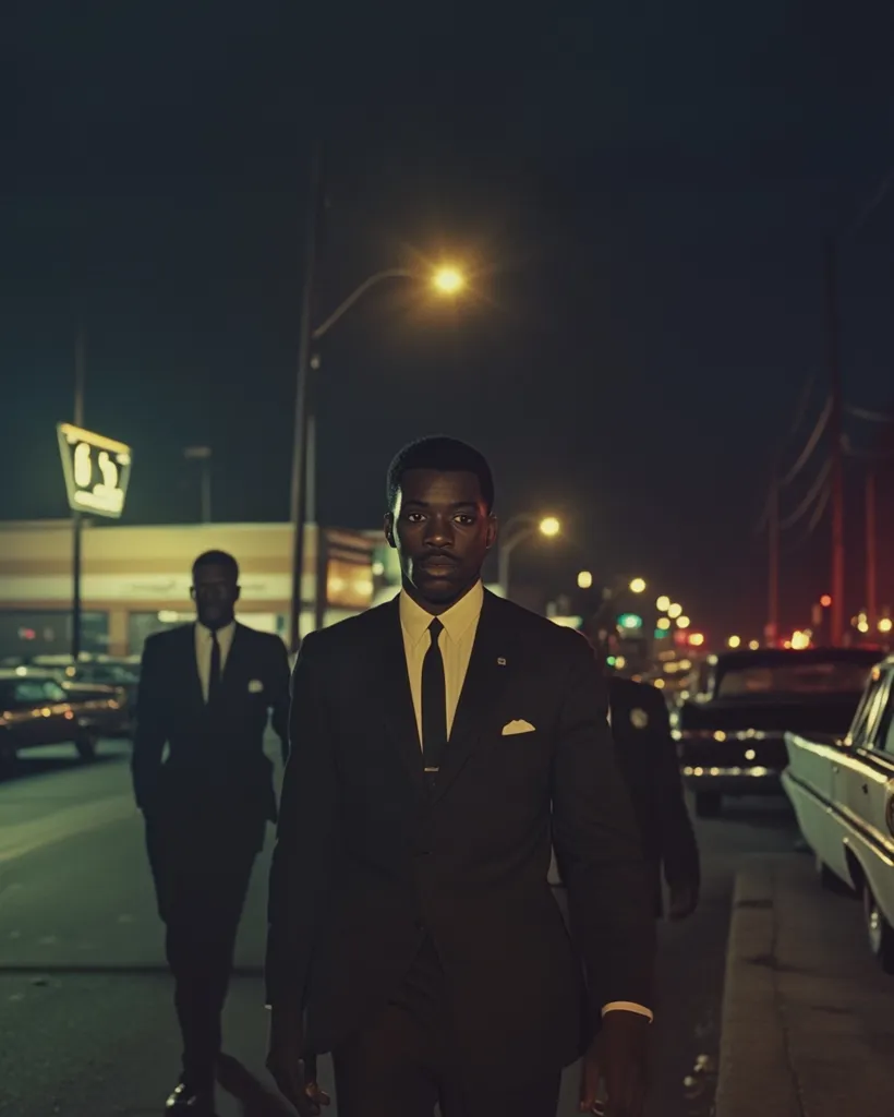 A sharply dressed Black man in a dark suit and tie walks down a city street at night.  He is the central focus, with a blurred figure in a similar suit walking behind him. Streetlights illuminate the scene, casting shadows and highlighting the man's confident demeanor.  Cars are parked along the curb, adding to the urban nighttime atmosphere. The overall mood is serious and evocative.