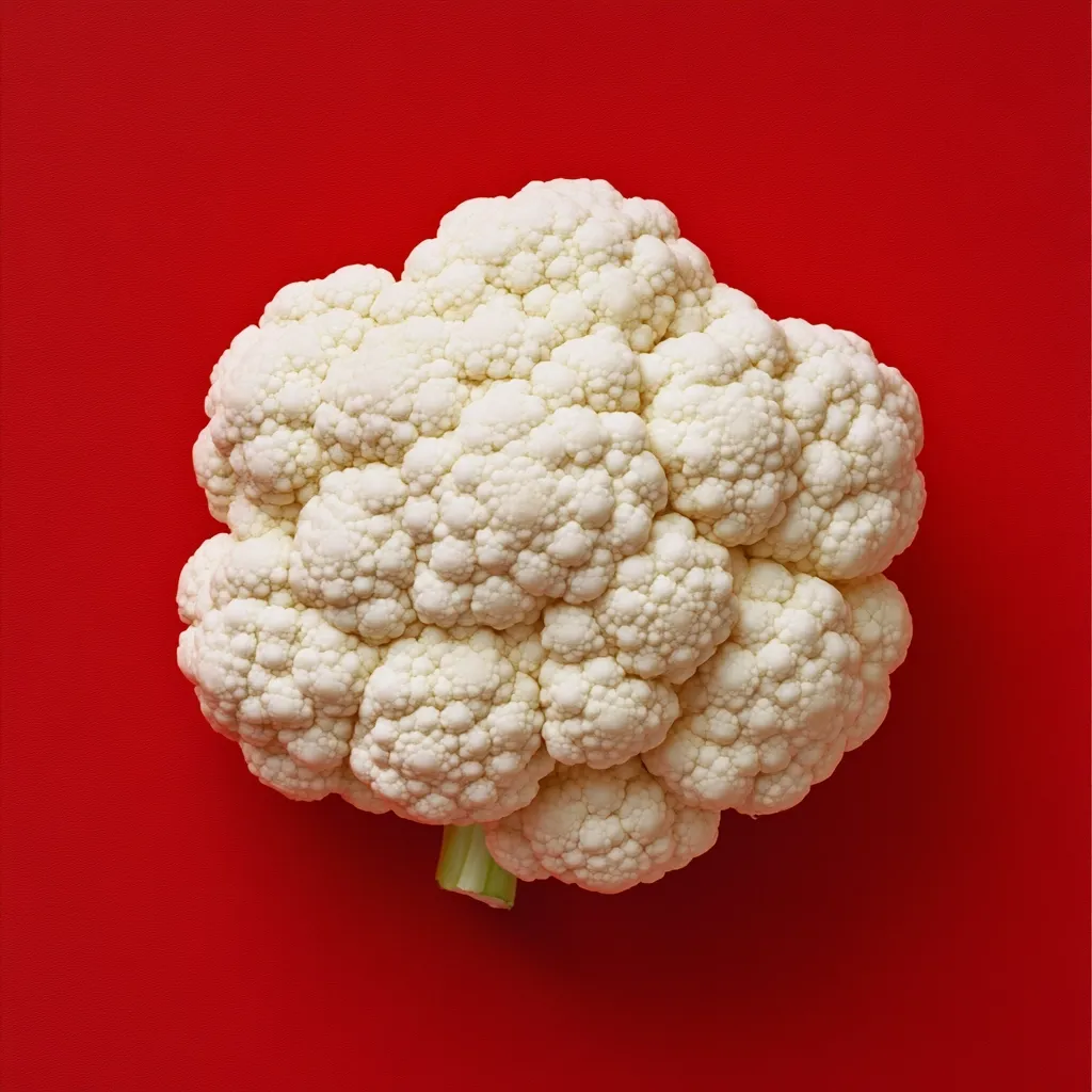 A whole head of cauliflower rests on a vibrant red background.  Its creamy white florets are densely packed, creating a textured and visually appealing form. The small, individual florets are clearly visible, showcasing the cauliflower's natural structure.  The simple composition highlights the vegetable's unique shape and color contrast against the backdrop.