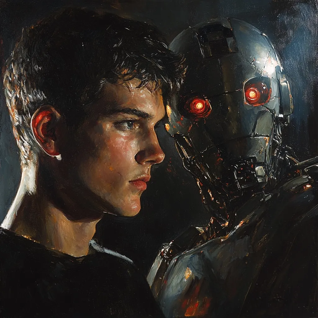 A young man with dark hair and intense eyes is portrayed in profile, his gaze directed to the right.  Beside him, a metallic robot with glowing red eyes dominates the right side of the painting.  The contrast between organic and mechanical forms is striking, creating a powerful visual narrative of human and artificial intelligence existing in close proximity. The painting style is richly textured and dark, emphasizing the mysterious atmosphere.
