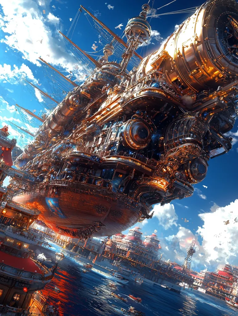 A colossal steampunk airship, intricately detailed with gold and brass, dominates a vibrant cityscape.  The vessel, a marvel of clockwork engineering, hovers over a bustling harbor filled with smaller boats and ornate buildings. A bright blue sky with fluffy white clouds provides a dramatic backdrop to this fantastical scene, suggesting a world of advanced technology and imaginative architecture.