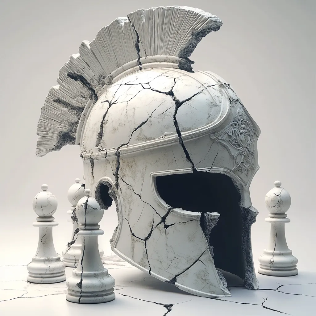 A shattered, white marble Roman-style helmet rests amongst three white chess pawns on a cracked surface.  The helmet's crest is broken, and large cracks spiderweb across its surface, suggesting defeat or the passage of time.  The scene evokes themes of war, loss, and the strategic nature of conflict. The juxtaposition of the helmet and chess pieces implies a game concluded.