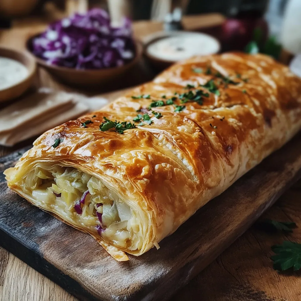A golden-brown pastry, possibly a strudel or savory pie, filled with a mixture of pale vegetables, is presented on a rustic wooden board.  The pastry is glistening, and garnished with fresh herbs.  Blurred in the background are bowls of what appears to be red cabbage salad and a creamy sauce, suggesting a hearty and flavorful dish.