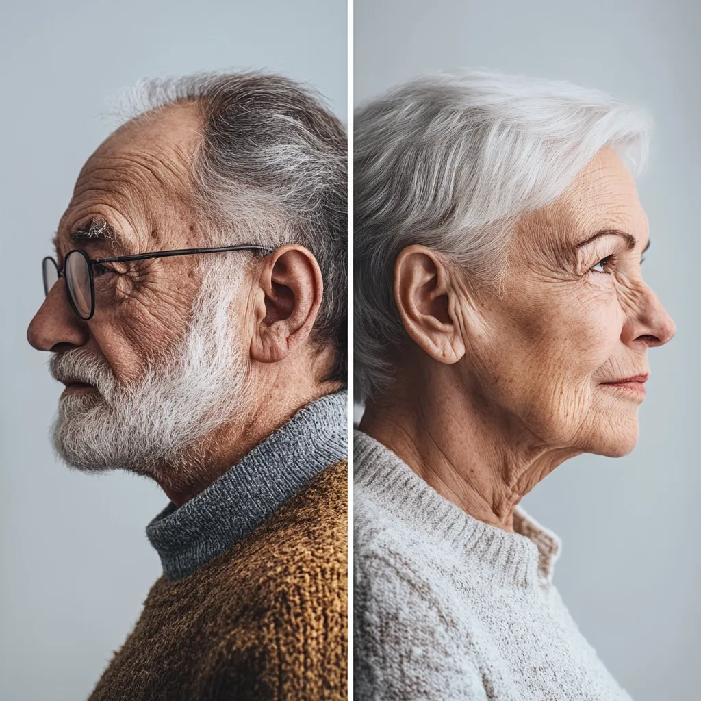 A close-up profile view of an elderly man and woman, side-by-side.  The man, with glasses and a white beard, is on the left, wearing a brown sweater.  The woman, with short, gray hair, is on the right, wearing a light gray sweater.  Both display the natural aging process with lines and wrinkles on their faces. The image emphasizes their age and features in a dignified way.