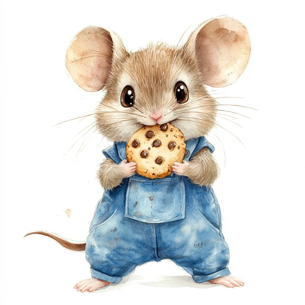 A charming watercolor illustration depicts a cute mouse wearing denim overalls.  The mouse's large eyes and soft fur are endearing.  It holds a chocolate chip cookie, taking a delightful bite. The overall style is whimsical and sweet, perfect for children's books or artwork.