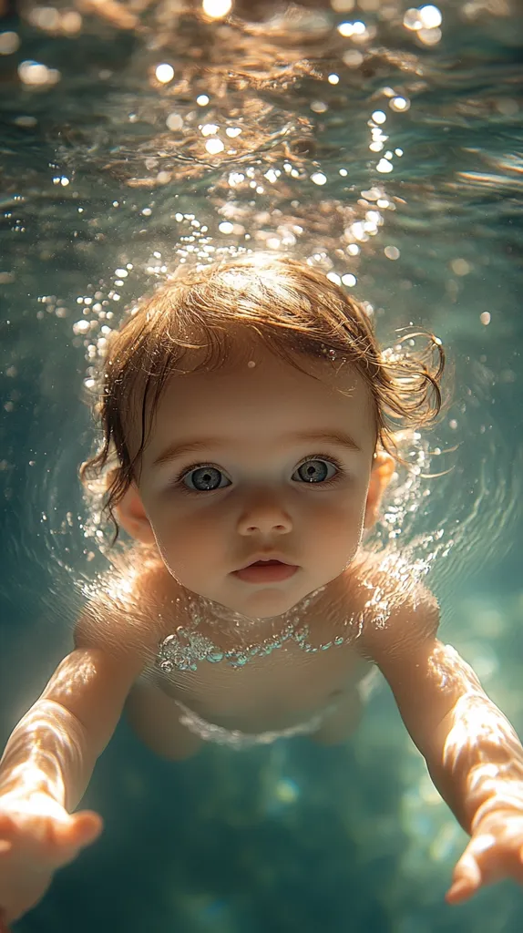 An underwater close-up captures a baby with light brown hair and big, expressive eyes.  Sunlight filters through the water, creating a shimmering effect around the child.  The baby's face is serene, and its arms are outstretched, giving the impression of effortless swimming. The image is peaceful and evokes a sense of wonder.