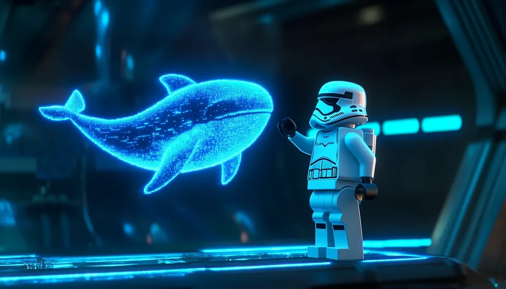 A Lego First Order Stormtrooper stands on a futuristic platform, gazing at a holographic orca whale.  The whale is rendered in shimmering blue pixels, contrasting with the stark white of the minifigure.  The scene is bathed in vibrant blue neon lighting, suggesting a technologically advanced setting.  The overall image is digitally created and has a high level of detail.