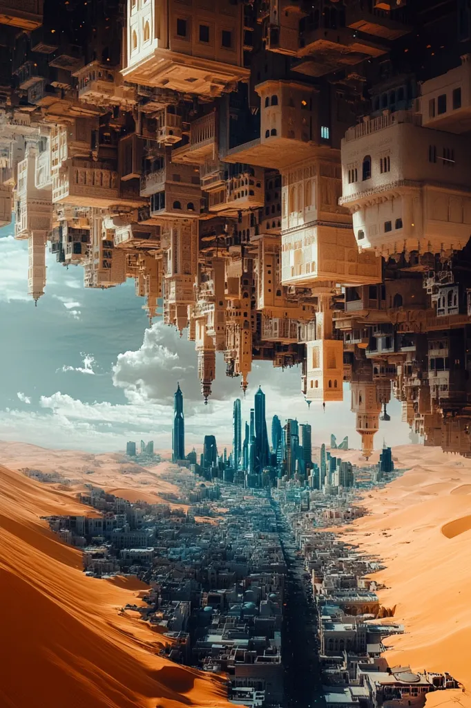 A surreal digital artwork depicts a city inverted above a desert landscape.  An older, Middle Eastern-style city hangs upside down, mirroring a futuristic metropolis sprawling across the sand dunes below. The contrast between the ancient architecture and modern skyscrapers creates a striking juxtaposition, suggesting a collision of past and future or perhaps an alternate reality. The overall effect is dreamlike and visually captivating.
