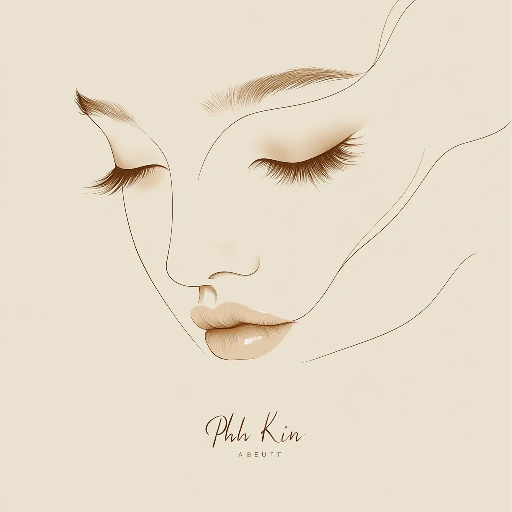 A stylized illustration of a woman's face, eyes gently closed, showcasing well-defined eyebrows and full lashes.  The delicate line art features soft, neutral tones and flowing lines around the face.  The artist's signature, "Phh Kin ABEUTT," is subtly placed below. The overall aesthetic is elegant and minimalist, suggestive of beauty and serenity.
