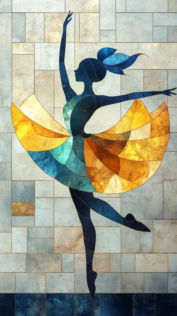 A stylized ballerina is depicted in a stained-glass style artwork.  Her dress is composed of vibrant blues, golds, and oranges, contrasting against a muted, tiled background. The ballerina's silhouette is dark, emphasizing the colorful fluidity of her dress.  The overall effect is a modern, abstract interpretation of dance, with a textured, mosaic-like quality.