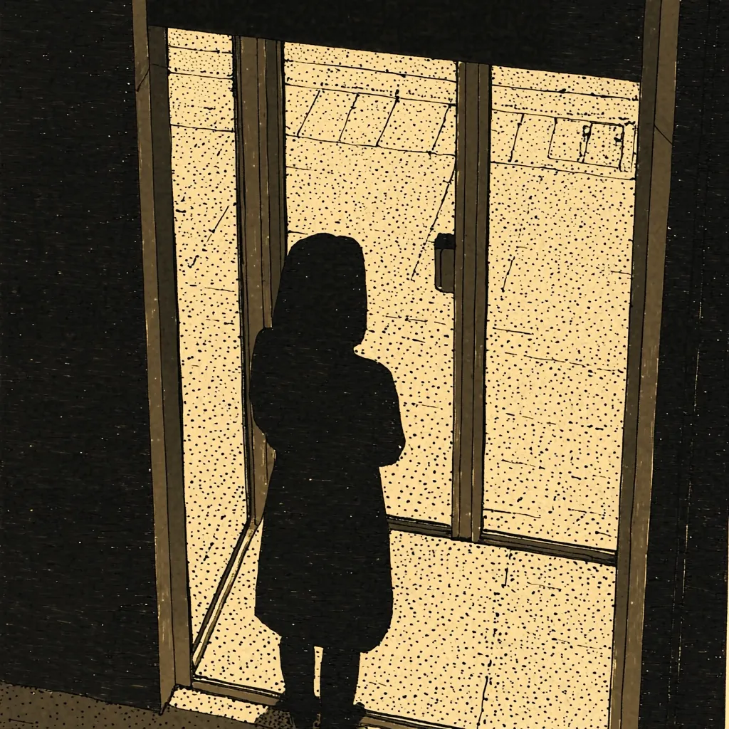 A stylized illustration depicts a lone figure, silhouetted in black, standing before a glass door. The figure, possibly a woman, appears to be looking out at a dimly lit street scene. The style is reminiscent of a graphic novel or print, with a textured, speckled background in beige tones.  The overall mood is one of quiet contemplation or isolation.