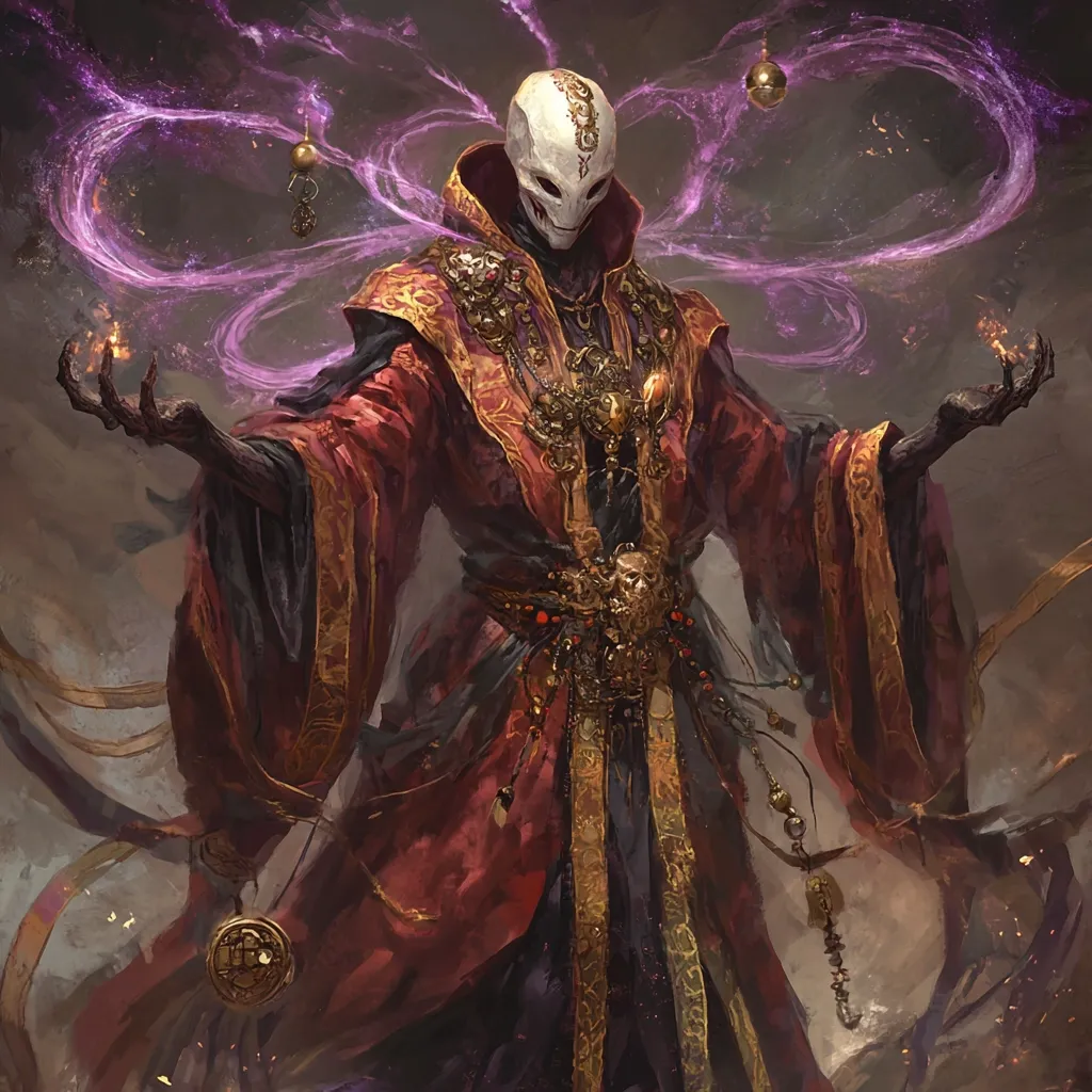 A dark figure, cloaked in rich crimson and gold robes, commands attention.  Their face is hidden by a skull-like mask, and ethereal purple energy swirls around them, punctuated by glowing orbs.  Ornate jewelry and a skull-embellished belt accentuate the attire.  The figure's hands are outstretched, seemingly manipulating the mystical energy, projecting an aura of arcane power and mystery.