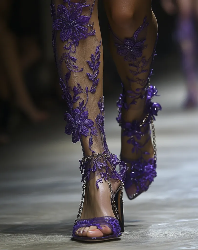 Close-up of a model's legs showcasing intricate purple lace stockings and high-heeled sandals.  The sandals feature delicate chains and matching lace detailing, mirroring the floral pattern on the stockings.  The overall aesthetic is elegant and ornate, suggesting a high-fashion runway presentation. The footwear is the striking focus of the image.