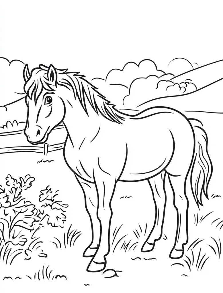 A line drawing of a horse standing in a pasture.  The horse is depicted in profile view, facing left, with its mane and tail flowing.  A simple fence and rolling hills form the background.  Small plants are visible near the horse's legs. The style is simple and suitable for coloring.