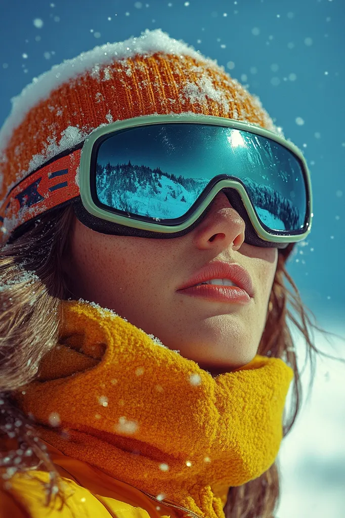 A woman in vibrant yellow ski attire gazes upward, snow dusting her orange beanie and fleece neck warmer.  Her blue ski goggles reflect a snowy mountain landscape.  The scene is bathed in bright sunlight, showcasing a crisp winter day.  Snowflakes gently fall around her.