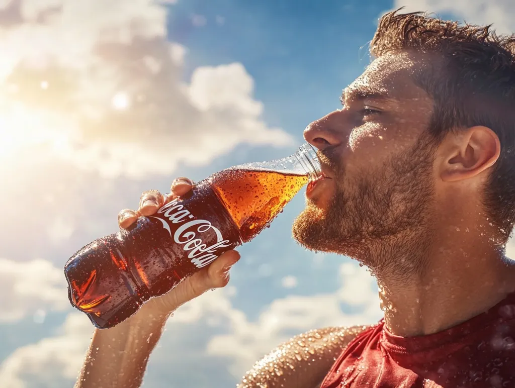 A sweaty man with a beard drinks Coca-Cola from a plastic bottle on a sunny day.  The sun shines brightly in the sky, and water droplets are visible on his skin and the bottle.  He is wearing a red shirt and appears to be enjoying the refreshing drink. The image evokes a feeling of thirst quenching and summer refreshment.