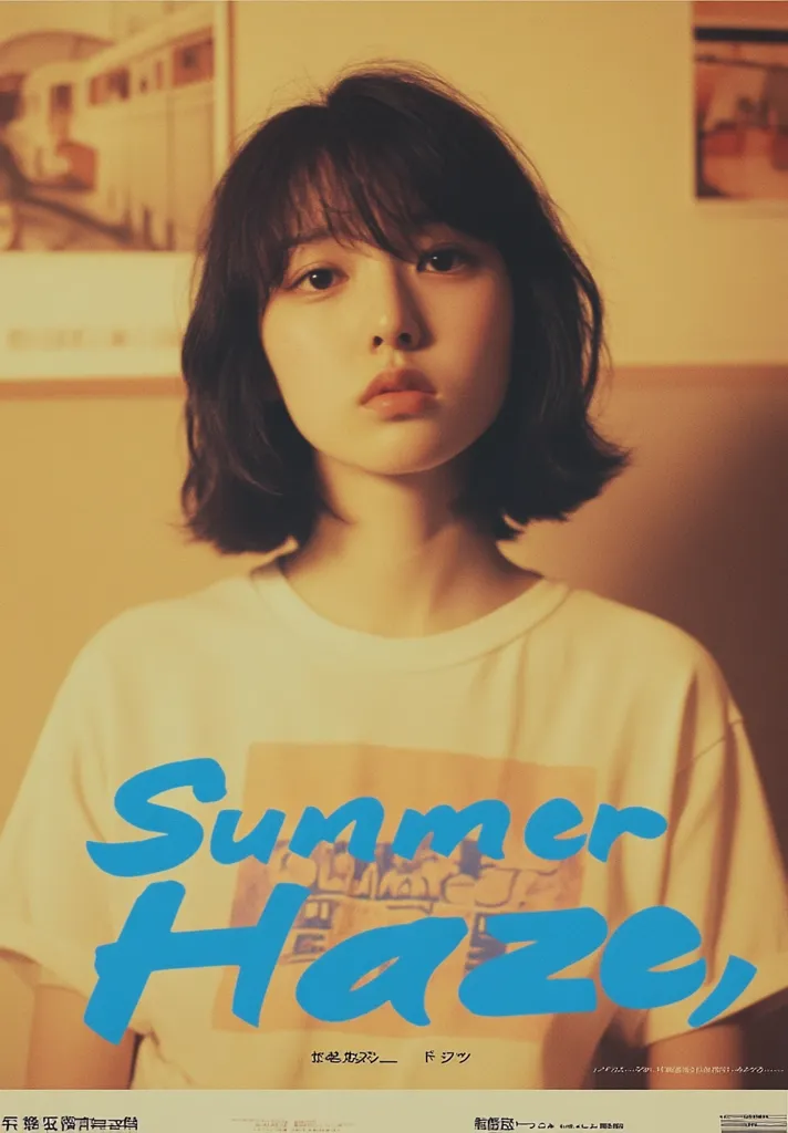 A young woman with shoulder-length dark hair, wearing a light-colored t-shirt with "Summer Haze" in stylized blue lettering, is the focus of this promotional image.  The warm, slightly sepia-toned lighting and the casual style suggest a relaxed and youthful aesthetic. The background features a blurred image, creating a soft focus on the subject.  The overall mood is serene and summery.