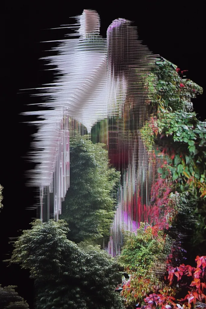 An abstract image depicts two figures, seemingly human, rendered in a style that suggests motion blur or digital distortion.  Their forms are fragmented and elongated, partially obscured by a vibrant, lush garden setting. The colors are rich and varied, with greens, reds, and purples dominating the foliage.  The contrast between the blurred figures and the sharply defined plants creates a surreal and dreamlike effect.