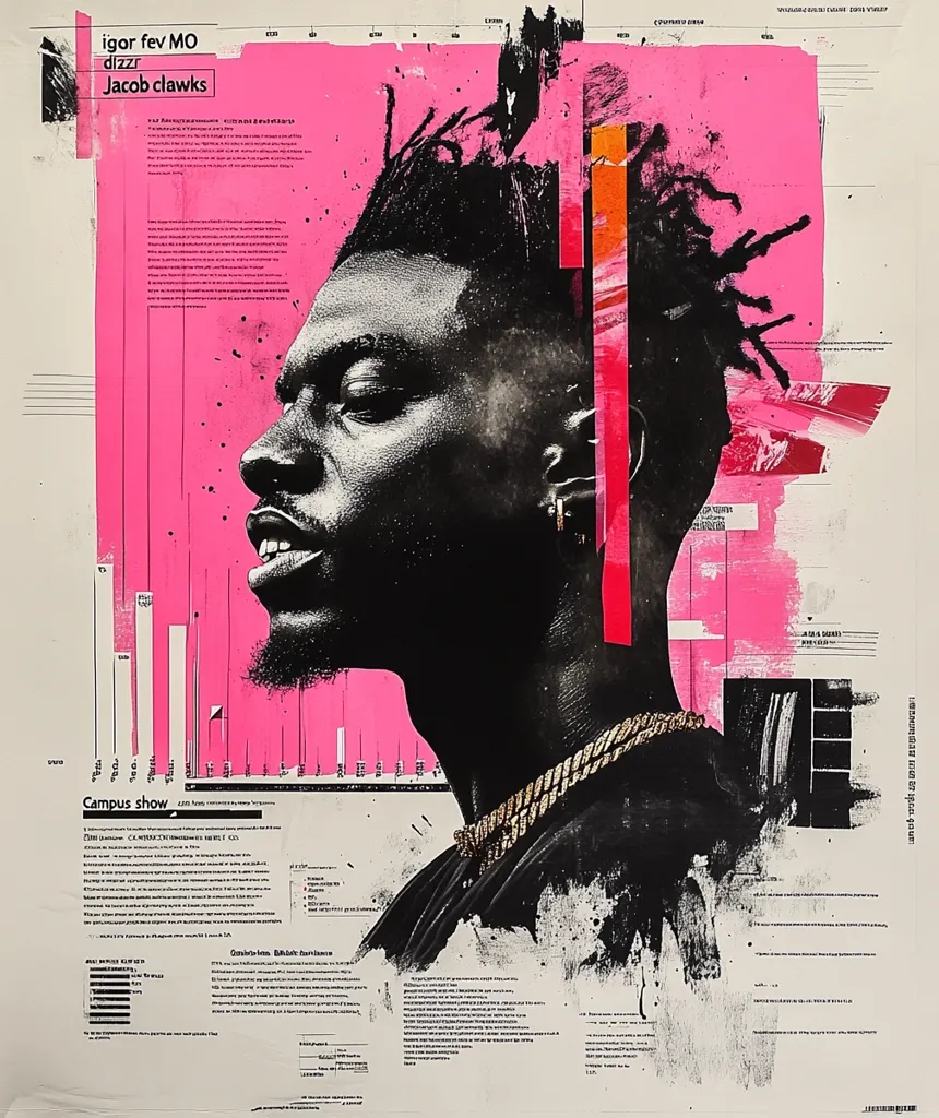 A striking portrait of a man dominates this vibrant collage.  His profile is rendered in stark black and white, contrasted against a bold pink background punctuated by graphic elements and text.  The style is a mix of photorealistic detail and abstract expressionism, creating a dynamic and visually arresting piece.  Text fragments suggest artist and title information, enhancing the artwork's layered composition.