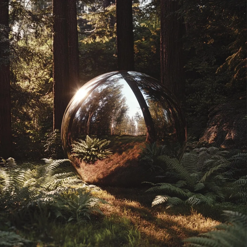 A large, reflective sphere rests amidst a lush forest. Sunlight glints off its polished surface, mirroring the surrounding trees and undergrowth.  Ferns and other greenery frame the sphere, creating a mystical and serene atmosphere. The scene evokes a sense of wonder and the interplay between nature and man-made objects.