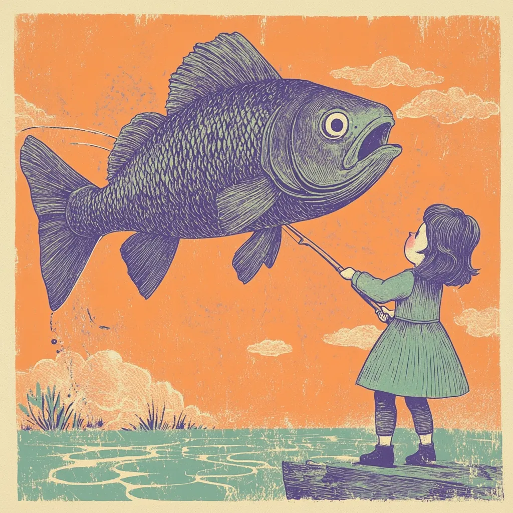 A young girl stands on a dock, triumphantly holding a fishing rod attached to a colossal fish suspended in mid-air against a warm orange sunset. The fish is impressively large, detailed with textured scales, and its mouth is slightly open. The scene is rendered in a vintage, woodblock-style print, creating a nostalgic and whimsical atmosphere.  The girl's dark hair and simple dress contrast with the vibrant fish and sky.