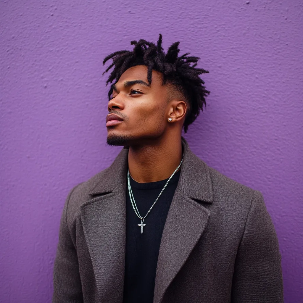 A young Black man with short dreadlocks looks thoughtfully to his left, standing against a vibrant purple wall. He wears a dark gray overcoat over a black shirt and sports a silver cross necklace.  His expression is contemplative, and he has a small earring in his right ear. The image is a stylish portrait with a moody atmosphere.